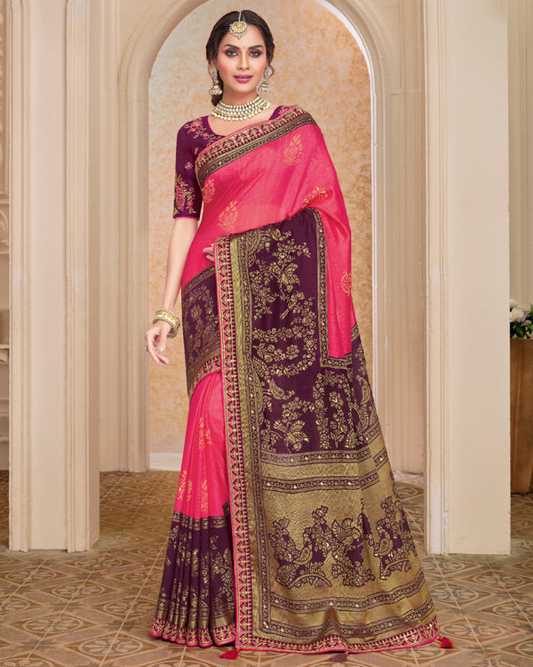 Vishal Prints Dark Pink And Wine Berry Brasso Saree With Foil Print And Embroidery Border