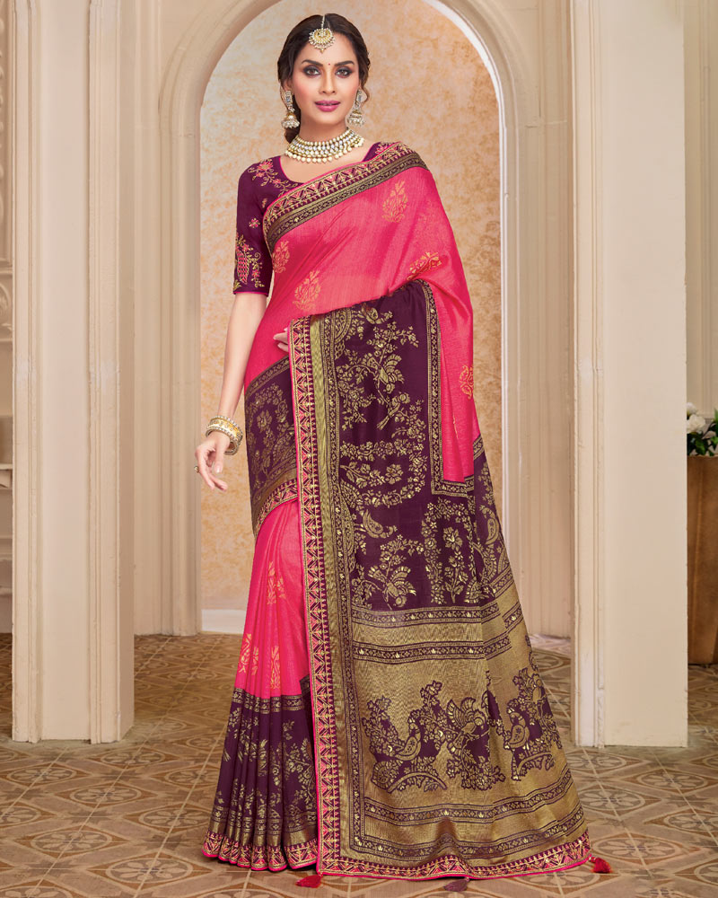 Vishal Prints Dark Pink And Wine Berry Brasso Saree With Foil Print And Embroidery Border