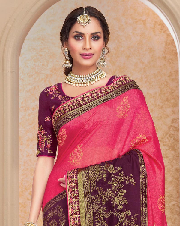 Vishal Prints Dark Pink And Wine Berry Brasso Saree With Foil Print And Embroidery Border