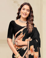 Vishal Prints Black And Peach Digital Print Patterned Georgette Saree With Fancy Border