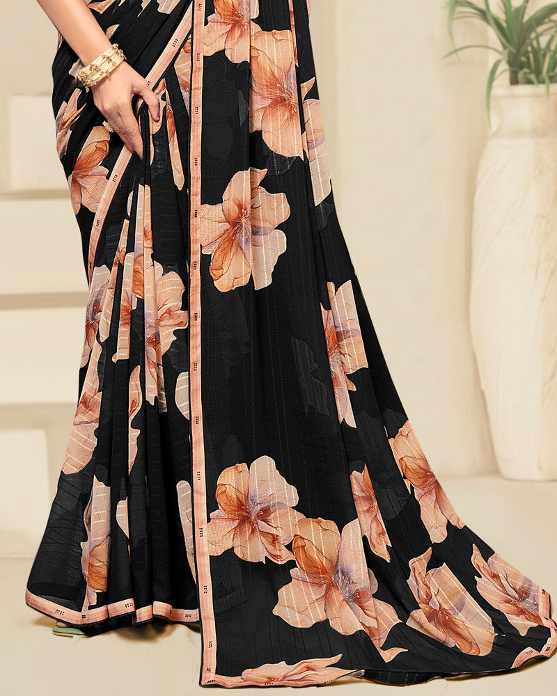 Vishal Prints Black And Peach Digital Print Patterned Georgette Saree With Fancy Border