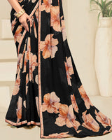 Vishal Prints Black And Peach Digital Print Patterned Georgette Saree With Fancy Border