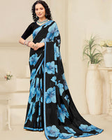 Vishal Prints Black And Fountain Blue Digital Print Patterned Georgette Saree With Fancy Border