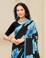 Vishal Prints Black And Fountain Blue Digital Print Patterned Georgette Saree With Fancy Border