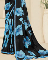 Vishal Prints Black And Fountain Blue Digital Print Patterned Georgette Saree With Fancy Border