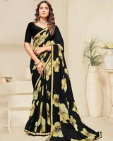Vishal Prints Black And Beige Digital Print Patterned Georgette Saree With Fancy Border