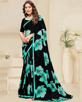 Vishal Prints Black And Neptune Green Digital Print Patterned Georgette Saree With Fancy Border