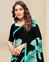 Vishal Prints Black And Neptune Green Digital Print Patterned Georgette Saree With Fancy Border