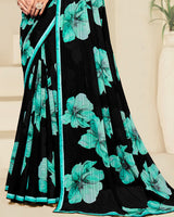 Vishal Prints Black And Neptune Green Digital Print Patterned Georgette Saree With Fancy Border