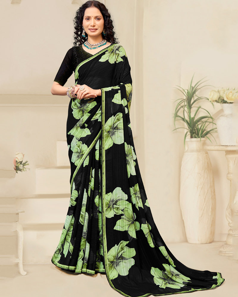 Vishal Prints Black And Light Olive Green Digital Print Patterned Georgette Saree With Fancy Border