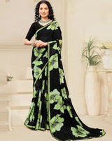 Vishal Prints Black And Light Olive Green Digital Print Patterned Georgette Saree With Fancy Border