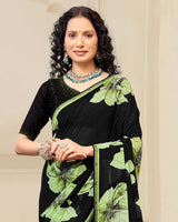 Vishal Prints Black And Light Olive Green Digital Print Patterned Georgette Saree With Fancy Border