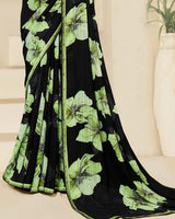 Vishal Prints Black And Light Olive Green Digital Print Patterned Georgette Saree With Fancy Border