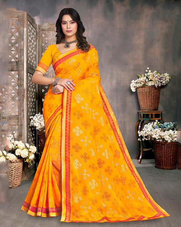 Vishal Prints Yellowish Orange Georgette Saree With Foil Print And Zari Border