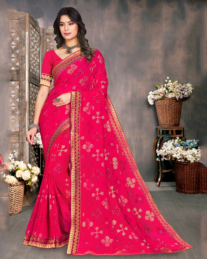 Vishal Prints Red Pink Georgette Saree With Foil Print And Zari Border