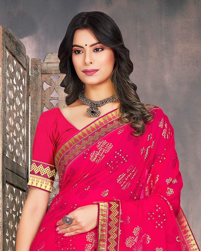Vishal Prints Red Pink Georgette Saree With Foil Print And Zari Border