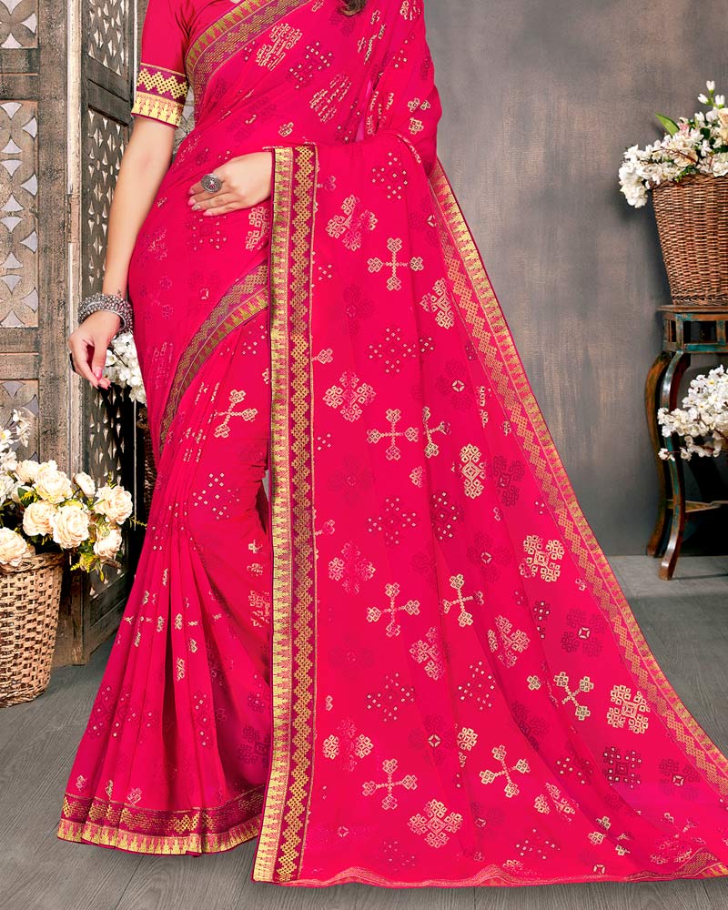 Vishal Prints Red Pink Georgette Saree With Foil Print And Zari Border
