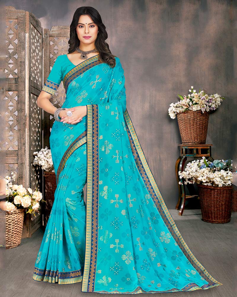 Vishal Prints Dark Turquoise Blue Georgette Saree With Foil Print And Zari Border