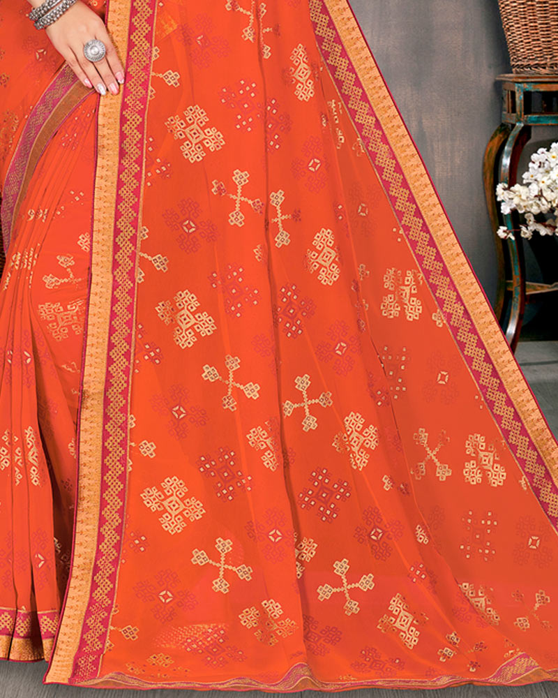Vishal Prints Dark Orange Georgette Saree With Foil Print And Zari Border