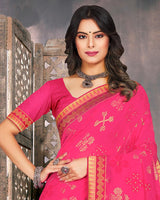 Vishal Prints Dark Pink Georgette Saree With Foil Print And Zari Border