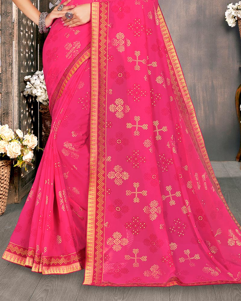 Vishal Prints Dark Pink Georgette Saree With Foil Print And Zari Border