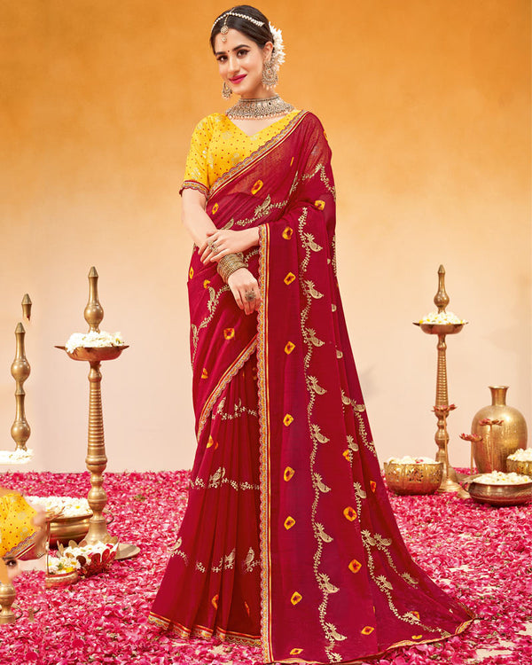Vishal Prints Brick Red Printed Fancy Chiffon Traditional Print Saree With Foil Print And Cut Work Border