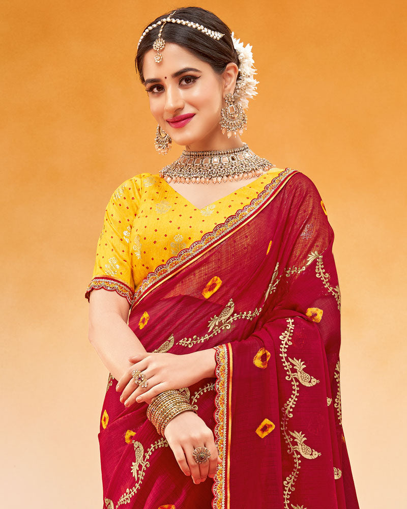 Vishal Prints Brick Red Printed Fancy Chiffon Traditional Print Saree With Foil Print And Cut Work Border