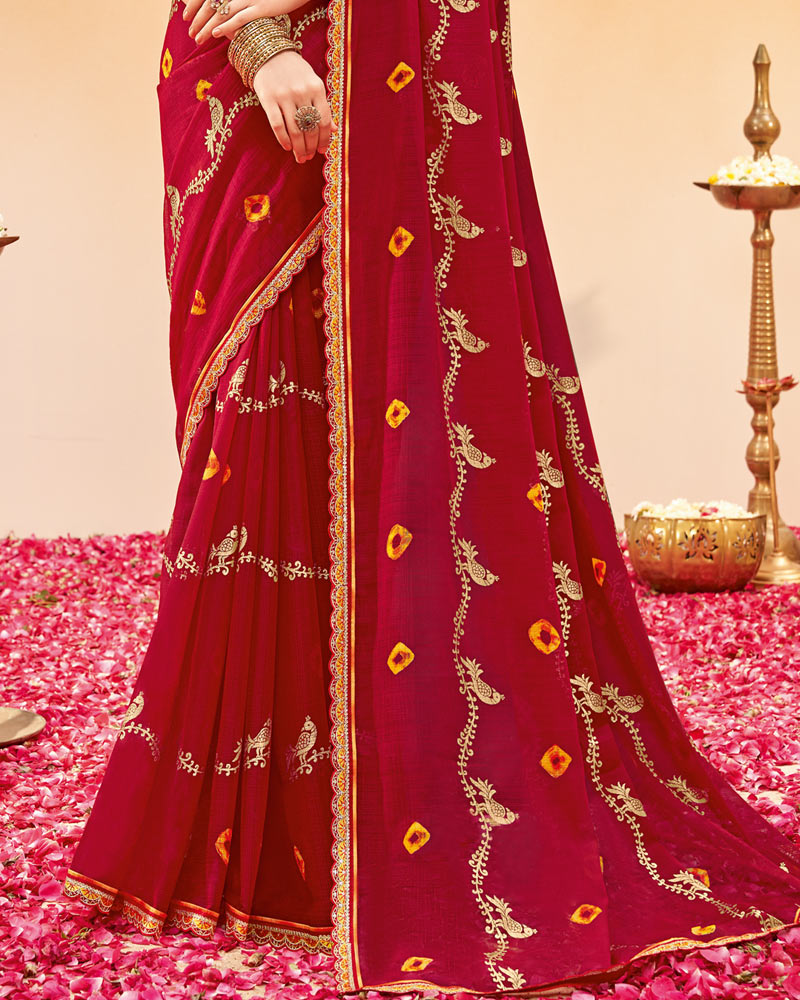 Vishal Prints Brick Red Printed Fancy Chiffon Traditional Print Saree With Foil Print And Cut Work Border