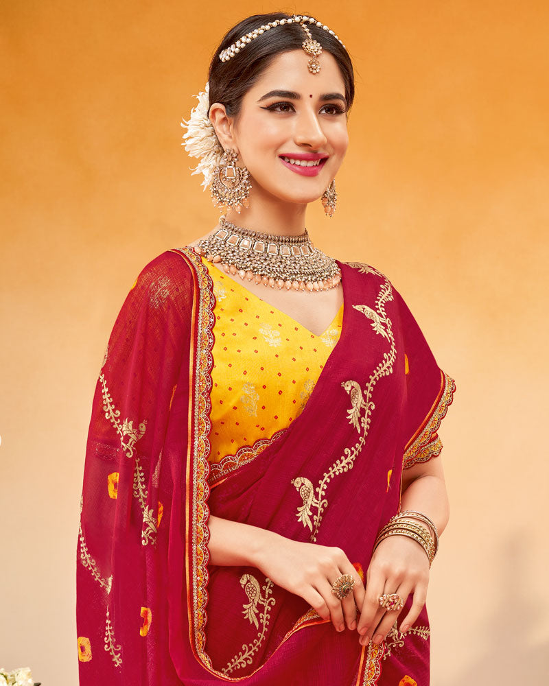 Vishal Prints Brick Red Printed Fancy Chiffon Traditional Print Saree With Foil Print And Cut Work Border