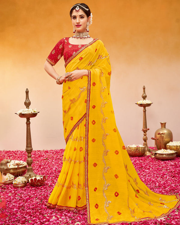 Vishal Prints Golden Yellow Printed Fancy Chiffon Traditional Print Saree With Foil Print And Cut Work Border