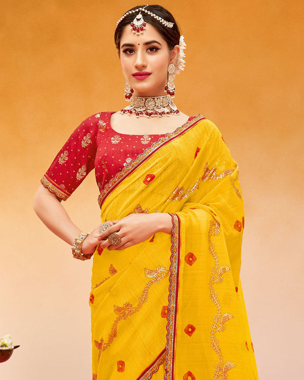 Vishal Prints Golden Yellow Printed Fancy Chiffon Traditional Print Saree With Foil Print And Cut Work Border