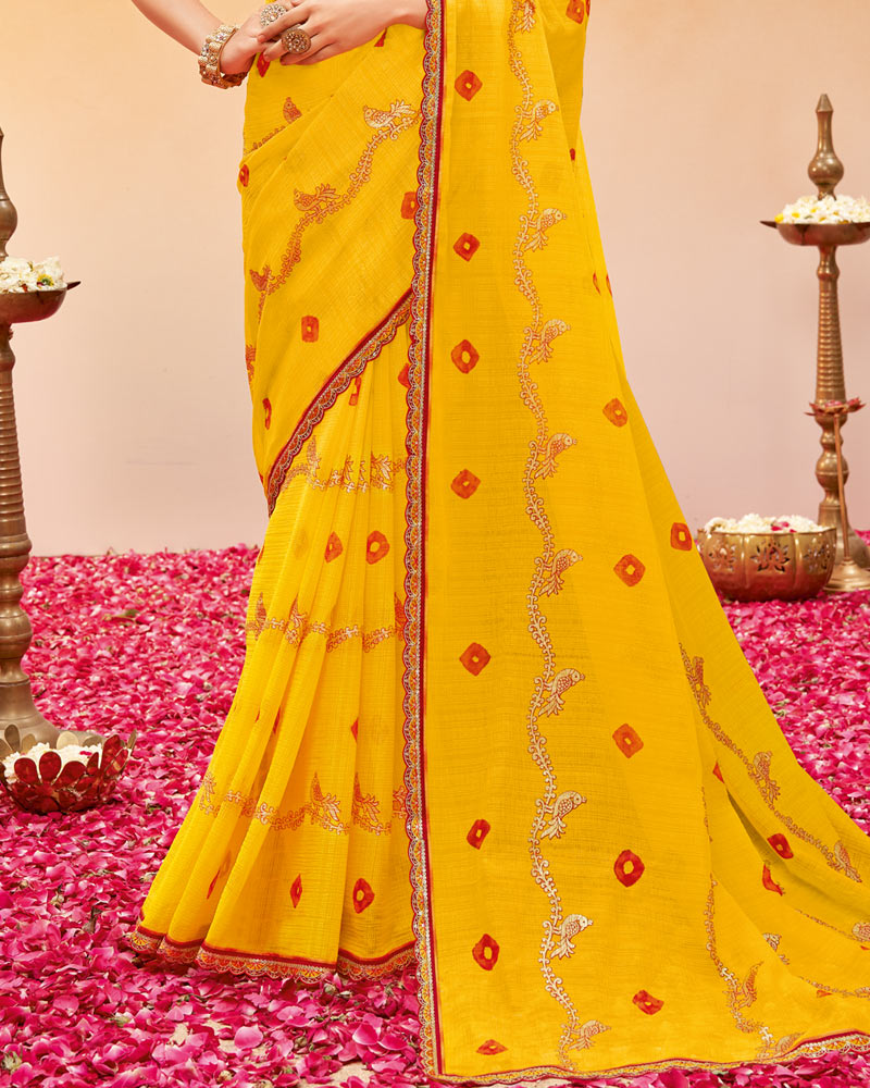 Vishal Prints Golden Yellow Printed Fancy Chiffon Traditional Print Saree With Foil Print And Cut Work Border