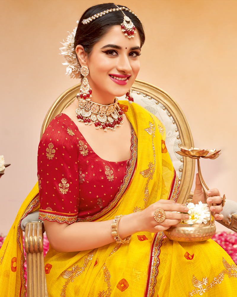Vishal Prints Golden Yellow Printed Fancy Chiffon Traditional Print Saree With Foil Print And Cut Work Border