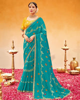 Vishal Prints Teal Blue Printed Fancy Chiffon Traditional Print Saree With Foil Print And Cut Work Border