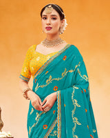 Vishal Prints Teal Blue Printed Fancy Chiffon Traditional Print Saree With Foil Print And Cut Work Border