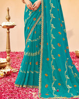 Vishal Prints Teal Blue Printed Fancy Chiffon Traditional Print Saree With Foil Print And Cut Work Border