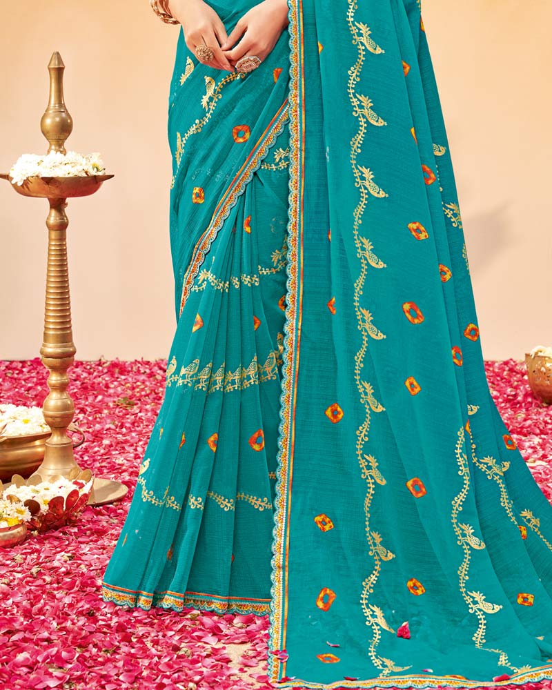 Vishal Prints Teal Blue Printed Fancy Chiffon Traditional Print Saree With Foil Print And Cut Work Border