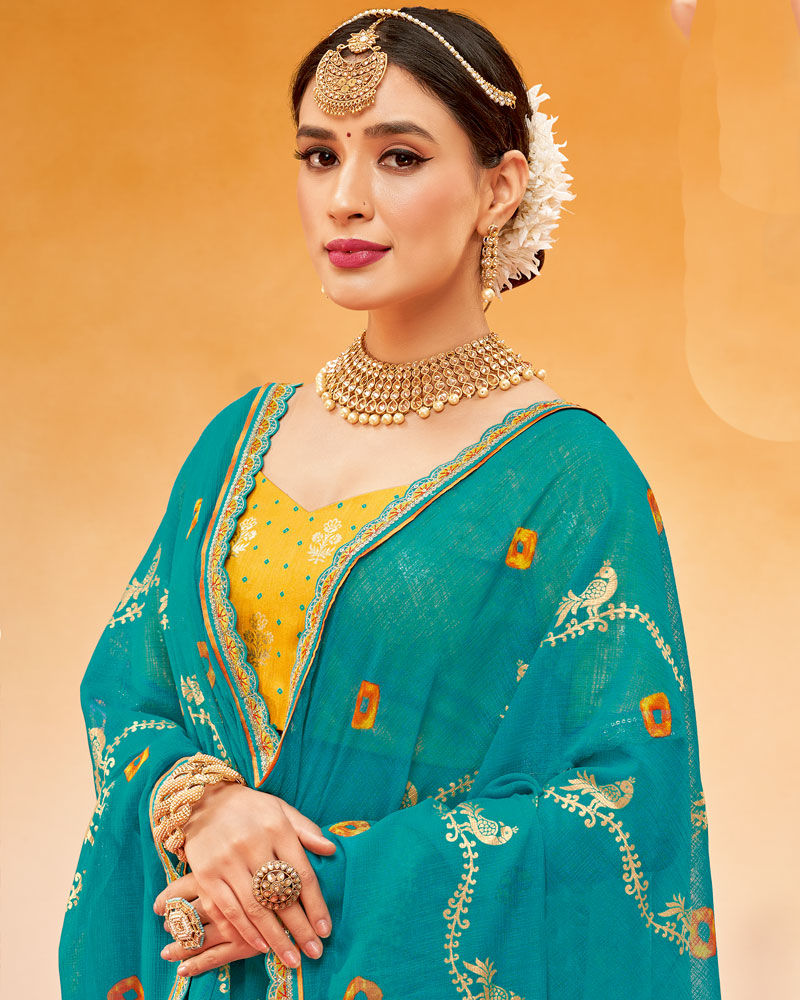 Vishal Prints Teal Blue Printed Fancy Chiffon Traditional Print Saree With Foil Print And Cut Work Border