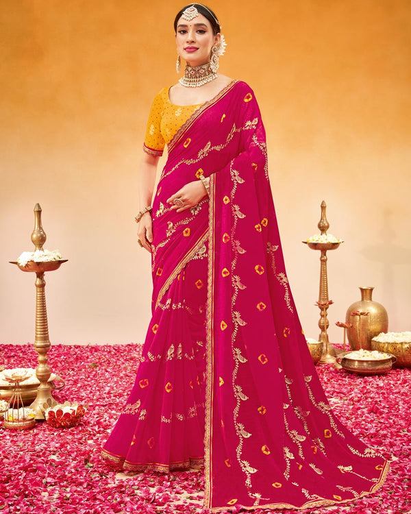 Vishal Prints Dark Hot Pink Printed Fancy Chiffon Traditional Print Saree With Foil Print And Cut Work Border