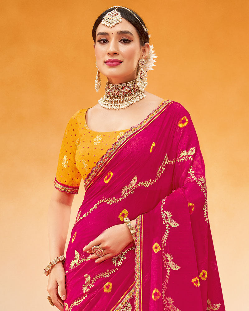 Vishal Prints Dark Hot Pink Printed Fancy Chiffon Traditional Print Saree With Foil Print And Cut Work Border