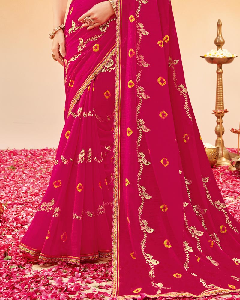 Vishal Prints Dark Hot Pink Printed Fancy Chiffon Traditional Print Saree With Foil Print And Cut Work Border
