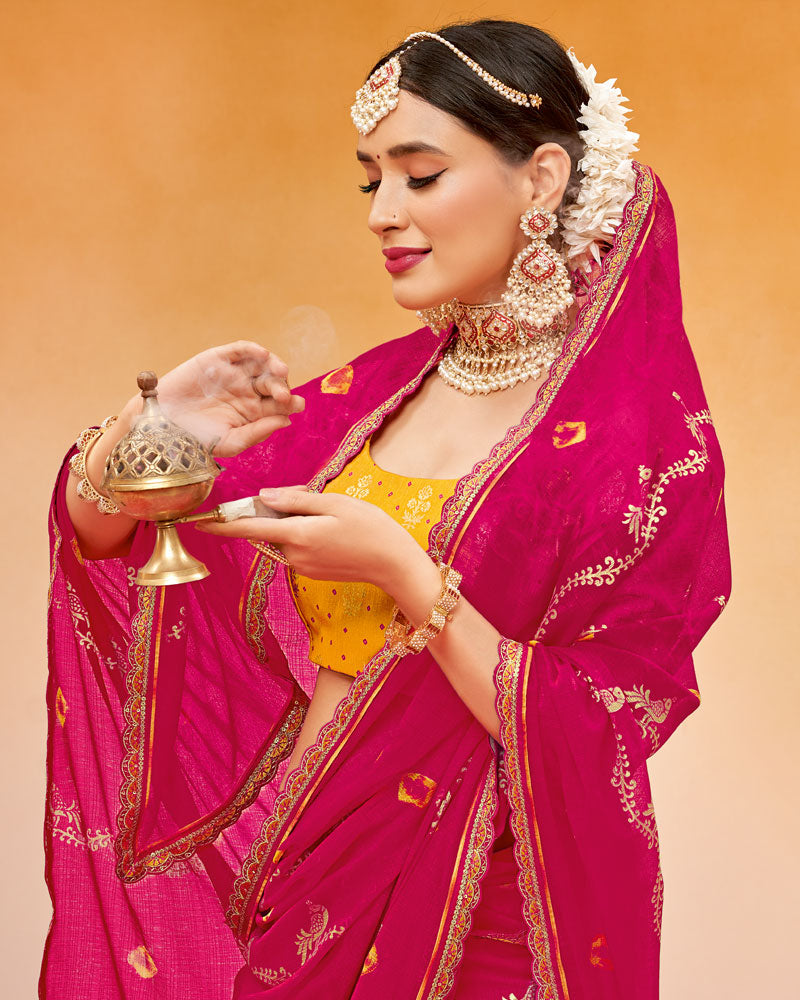 Vishal Prints Dark Hot Pink Printed Fancy Chiffon Traditional Print Saree With Foil Print And Cut Work Border