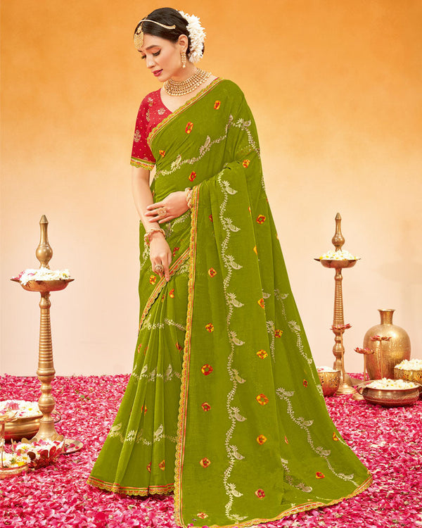 Vishal Prints Olive Green Printed Fancy Chiffon Traditional Print Saree With Foil Print And Cut Work Border