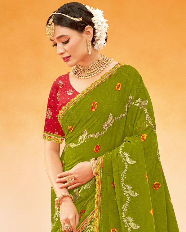 Vishal Prints Olive Green Printed Fancy Chiffon Traditional Print Saree With Foil Print And Cut Work Border