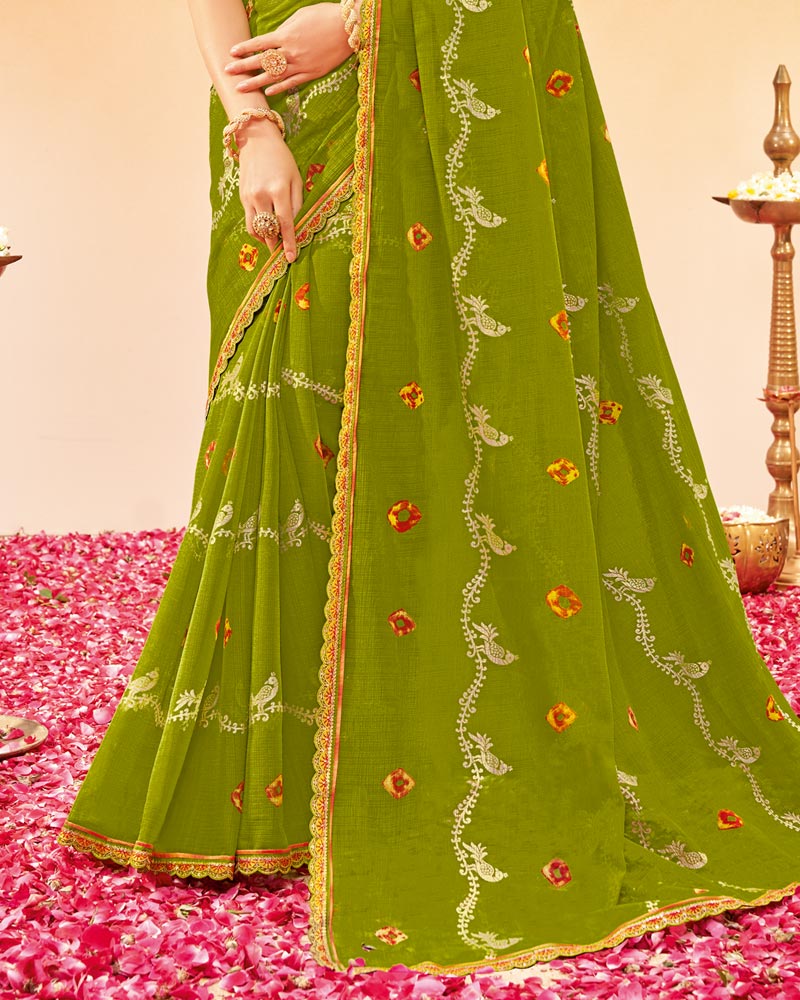 Vishal Prints Olive Green Printed Fancy Chiffon Traditional Print Saree With Foil Print And Cut Work Border