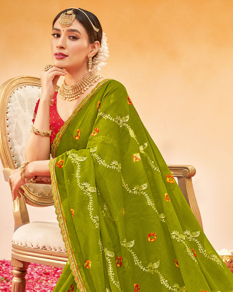 Vishal Prints Olive Green Printed Fancy Chiffon Traditional Print Saree With Foil Print And Cut Work Border