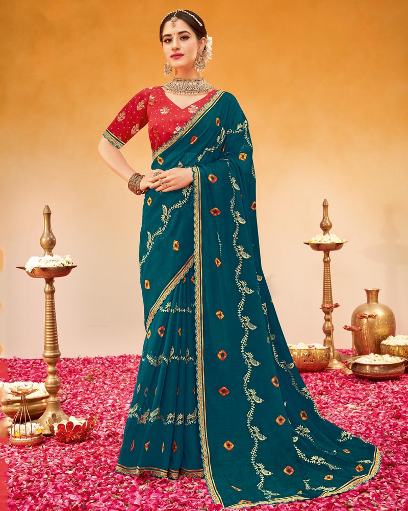 Vishal Prints Peacock Blue Printed Fancy Chiffon Traditional Print Saree With Foil Print And Cut Work Border