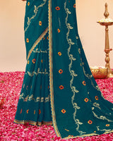 Vishal Prints Peacock Blue Printed Fancy Chiffon Traditional Print Saree With Foil Print And Cut Work Border