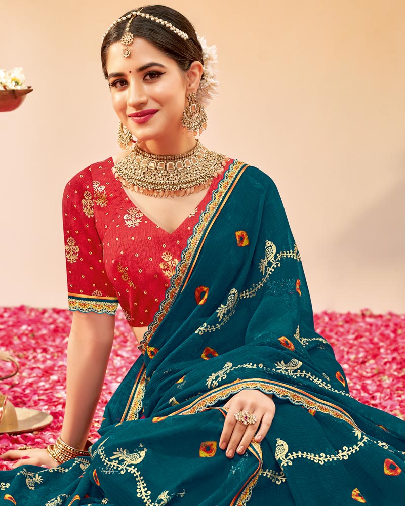 Vishal Prints Peacock Blue Printed Fancy Chiffon Traditional Print Saree With Foil Print And Cut Work Border