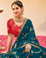 Vishal Prints Peacock Blue Printed Fancy Chiffon Traditional Print Saree With Foil Print And Cut Work Border